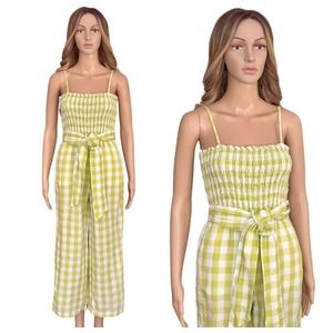 House Of Harlow LINEN Jumpsuit Smocked Gingham Sustainable Green white Small